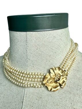 Vintage Crown Trifari Multi Strand Faux Pearl Gold Flower Clasp Necklace 1960s